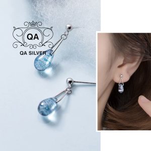 Khuyên tai bạc 925 giọt nước bông nữ mặt đá vân xanh S925 DEWDROP QA SILVER Earrings EA180903