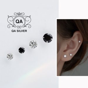 Khuyên tai nụ bạc 925 đính đá 4 chấu bông bạc trơn tối giản đen trắng S925 BASIC Silver Earrings QA SILVER EA170801