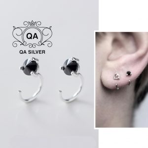 Khuyên tai bạc móc bông tai nam nữ chữ C đính đá 3 chấu đen trắng S925 EARCUFF Silver Earrings QA SILVER EA180405