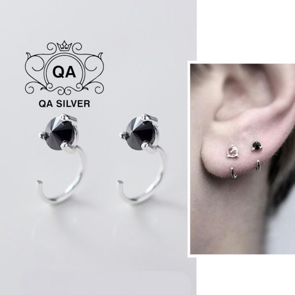 Khuyên tai bạc móc bông tai nam nữ chữ C đính đá 3 chấu đen trắng S925 EARCUFF Silver Earrings QA SILVER EA180405