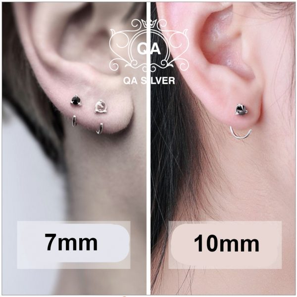 Khuyên tai bạc móc bông tai nam nữ chữ C đính đá 3 chấu đen trắng S925 EARCUFF Silver Earrings QA SILVER EA180405