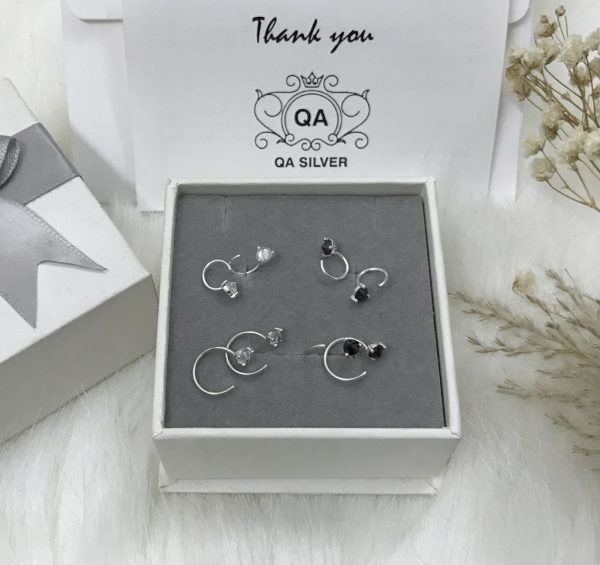Khuyên tai bạc móc bông tai nam nữ chữ C đính đá 3 chấu đen trắng S925 EARCUFF Silver Earrings QA SILVER EA180405