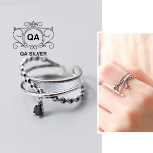 Nhẫn bạc 925 thái 2 tầng mặt đá đen nam nữ S925 LAYER QA SILVER Ring RI190101