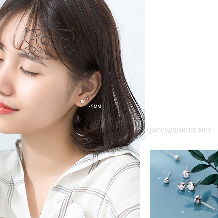 STUD Khuyên tai bạc đính đá hình hộp tối giản S925