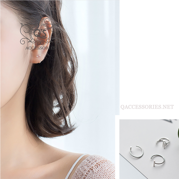 MINIMAL Khuyên tai bạc chữ C mini-pull thanh ngang S925
