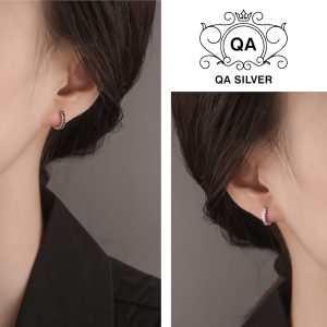 Khuyên tai bạc 925 tròn khảm đính đá đen trắng bông nam S925 CIRCLE QA SILVER Earrings EA191001