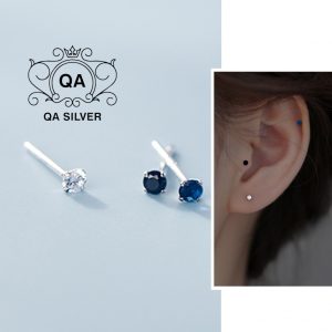 Bông tai bạc nụ đá nhỏ nam nữ 4 chấu khuyên tai mini trắng đen xanh S925 MINIMAL Silver Earrings QA SILVER EA200603
