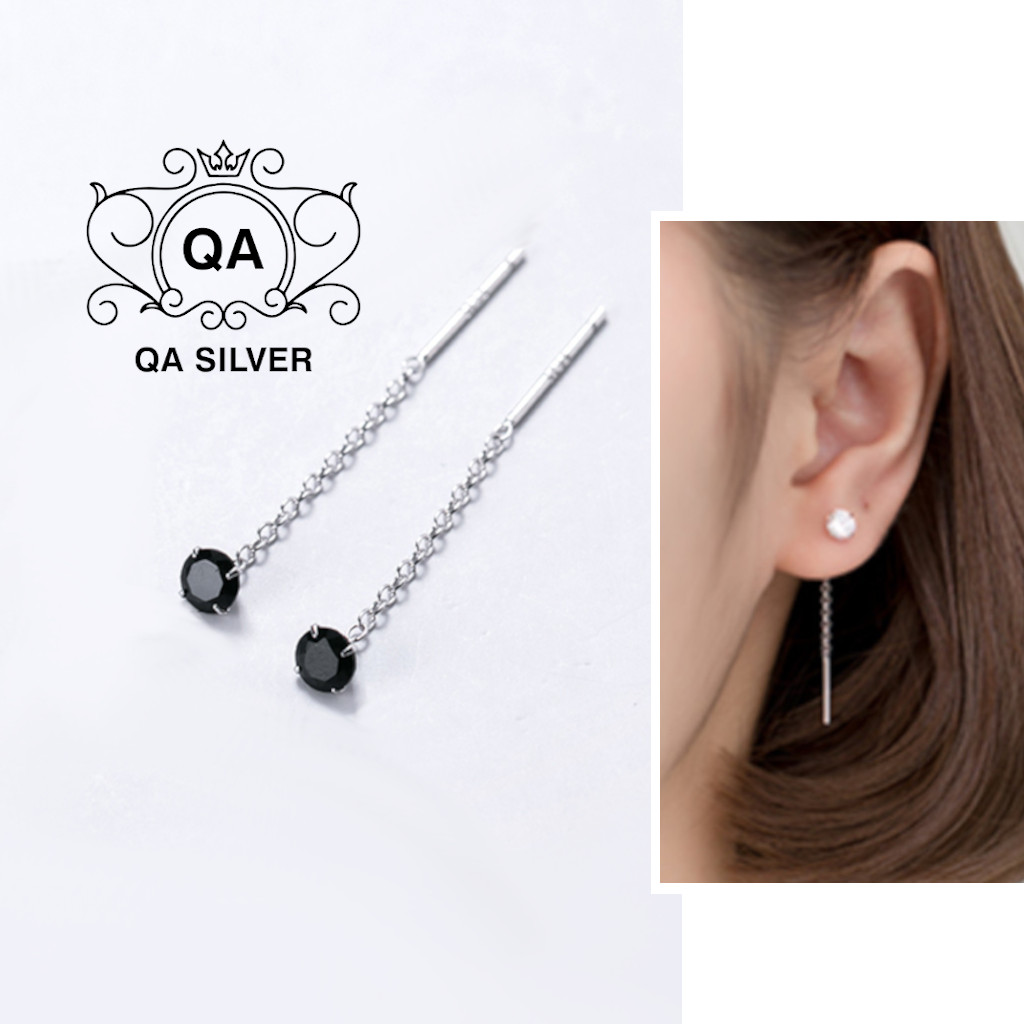CHAIN Khuyên tai bạc dài nụ đá 4 chấu bông tai sợi mảnh đen trắng S925 QA SILVER EA200701