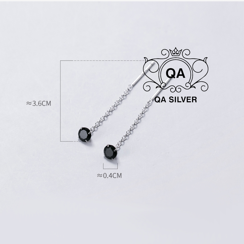 CHAIN Khuyên tai bạc dài nụ đá 4 chấu bông tai sợi mảnh đen trắng S925 QA SILVER EA200701
