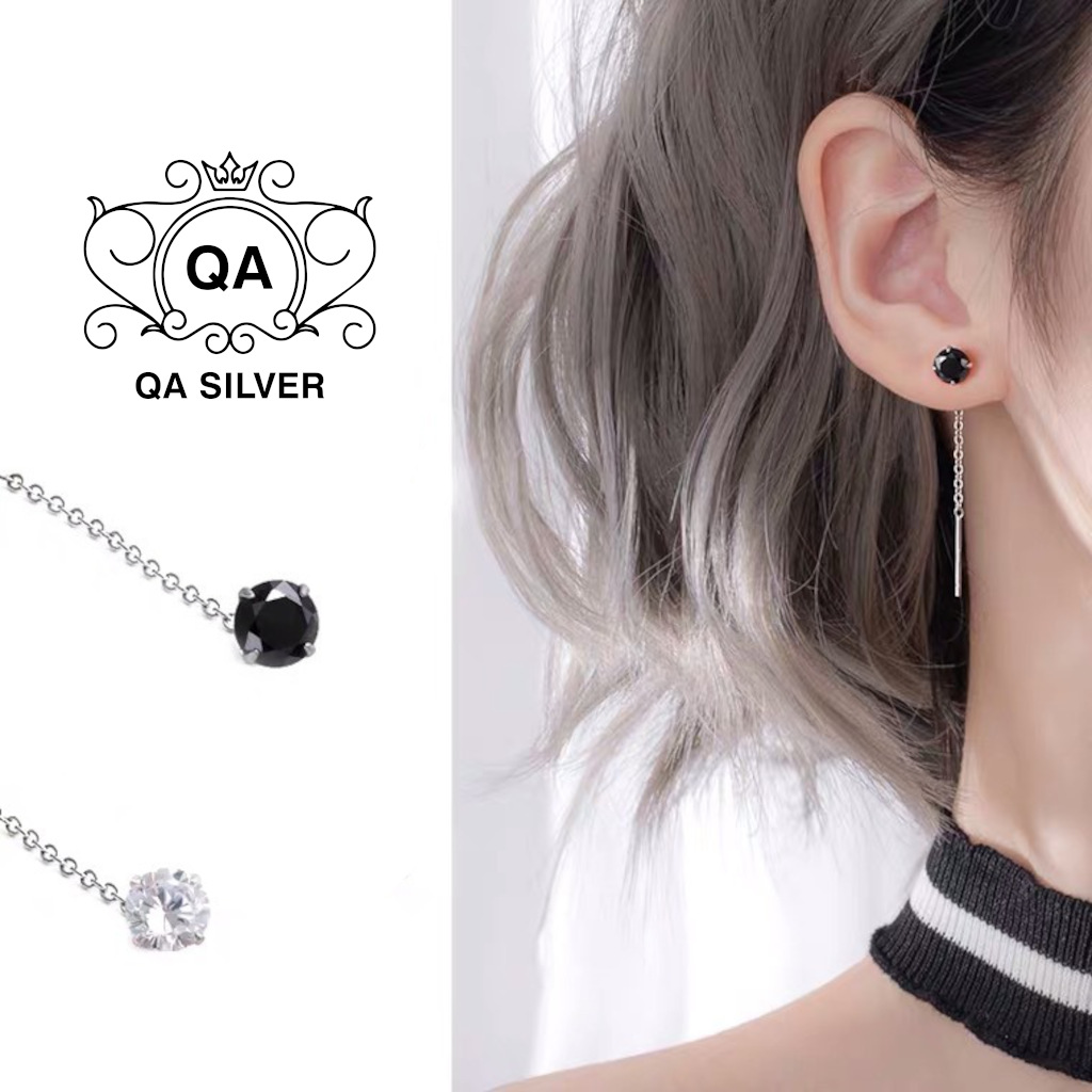 CHAIN Khuyên tai bạc dài nụ đá 4 chấu bông tai sợi mảnh đen trắng S925 QA SILVER EA200701