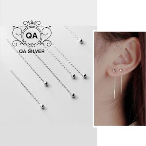 Khuyên tai bạc 925 dài bi bạc dây xích bông nữ sợi mảnh S925 CHAIN Silver Earrings EA170101