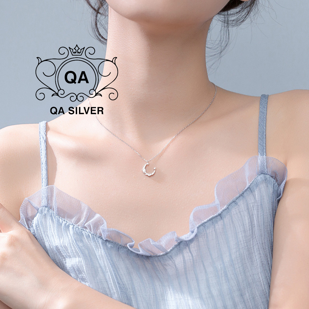 Dây chuyền bạc mặt trăng đính đá vòng cổ bạc trăng khuyết S925 MOON Silver Necklace QA SILVER NE171203
