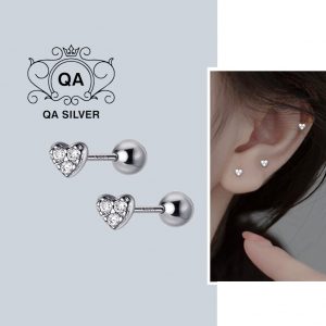 HEART Khuyên tai bạc trái tim đính đá bông tai bạc chốt bi vặn tròn ren xoắn S925