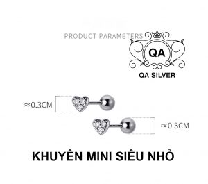 HEART Khuyên tai bạc trái tim đính đá bông tai bạc chốt bi vặn tròn ren xoắn S925