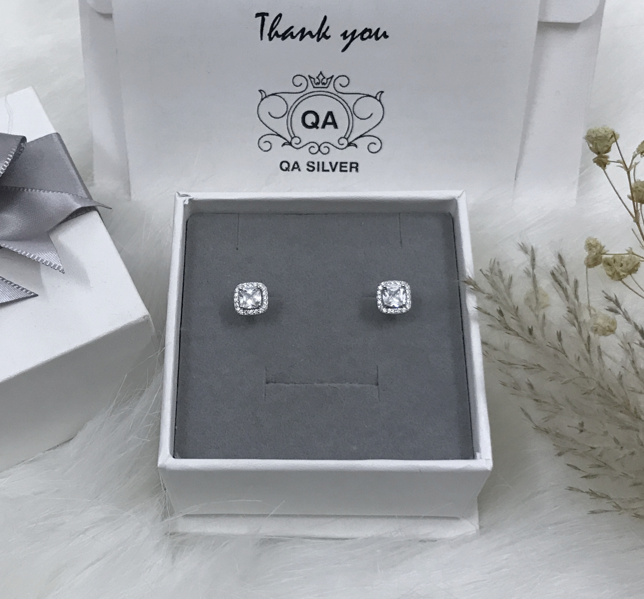 Bông tai bạc 925 nữ vuông khảm đá bông tai to S925 SQUARE Silver Earrings QA SILVER EA220108
