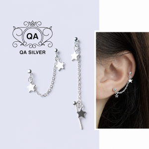 Khuyên tai bạc 925 ngôi sao phối xích 2 lỗ bông nữ kẹp vành S925 STAR QA SILVER Earrings EA210210