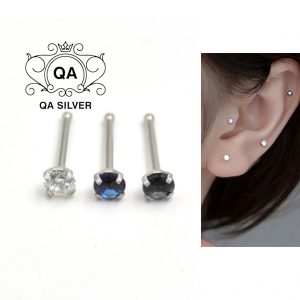 Khuyên tai bạc 925 nụ đá trắng đen xanh đuôi bi nam nữ S925 MINIMAL QA SILVER Earrings EA220609