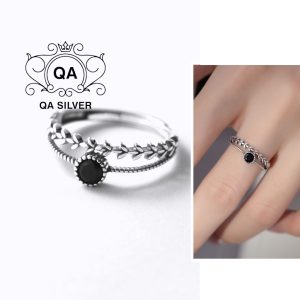 Nhẫn bạc 925 hai tầng mặt đá đen tròn lá nữ S925 LAYER QA SILVER Ring RI230503