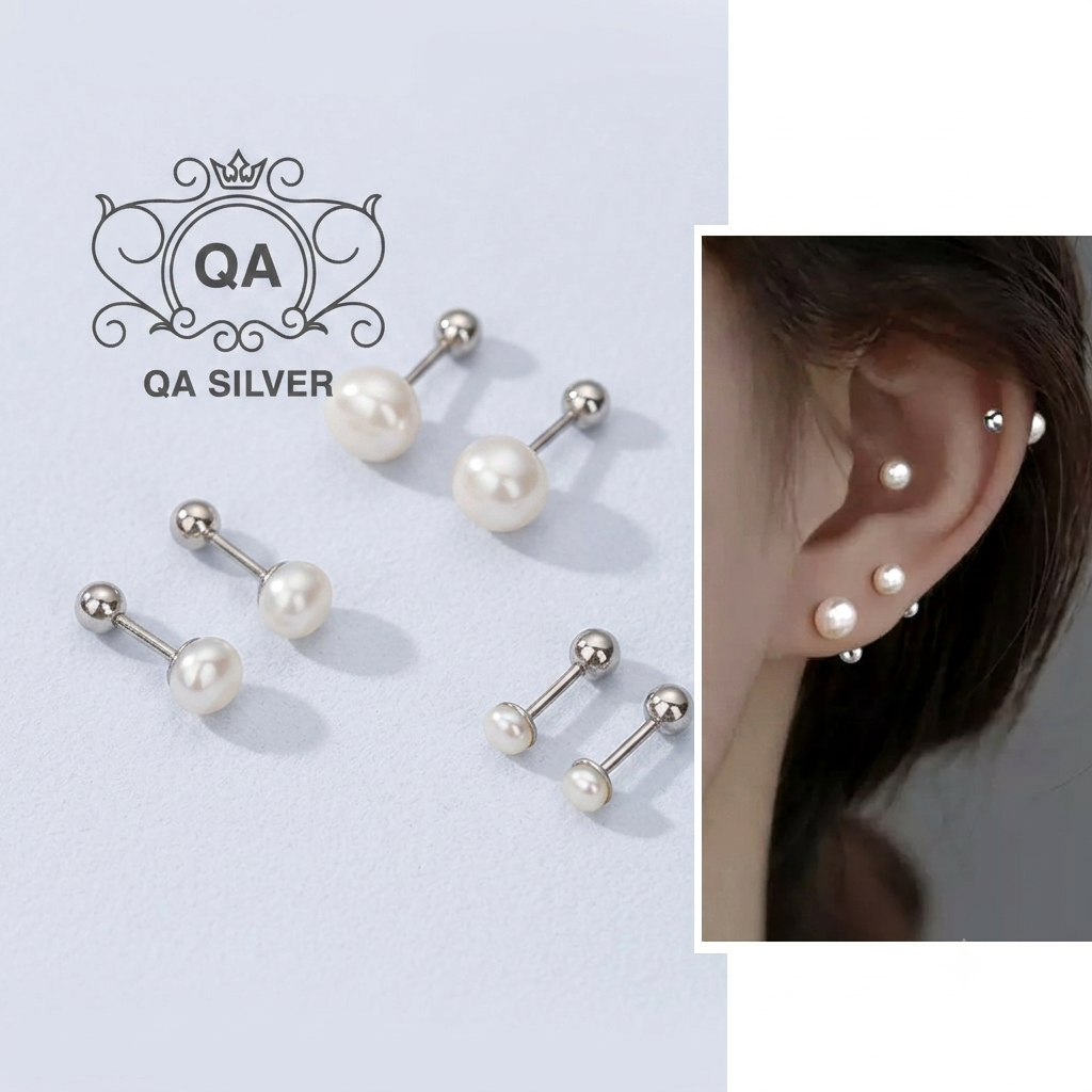 Khuyên tai bạc 925 nữ bông trai chốt bi vặn S925 PEARL QA SILVER Earrings EA230905